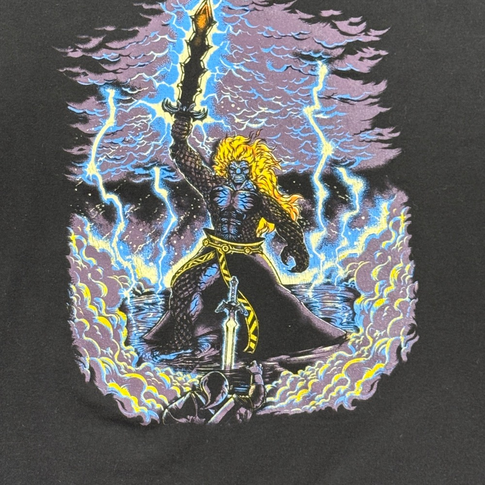 Dark Fantasy Warrior T Shirt Mens XL Black Sword Lightning Graphic Metal Tee